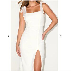 NWT Lulus Romantic Celebration Tie-Strap Bodycon Midi Dress Bridal Wedding White
